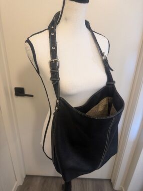 Tignanello Black Pebbled Leather Shoulder Bag with White Stitching